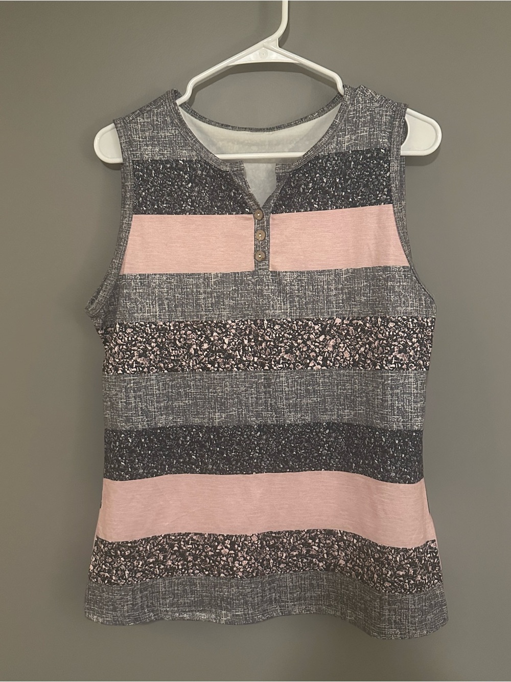 Sleeveless Striped Henley Tank Top - Pink and Gray